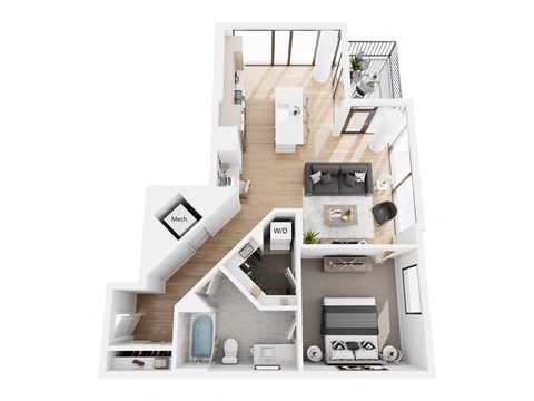 Floor plan for 1 bed, 1 bath, 927 sqft